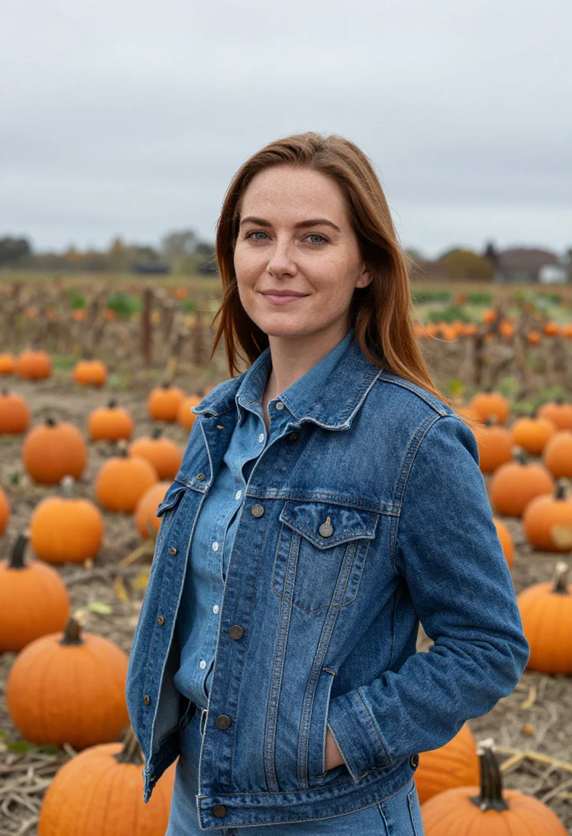 AI pumpkin patch denim orange sample — portrait of a woman, framed half-length from the hips up, a