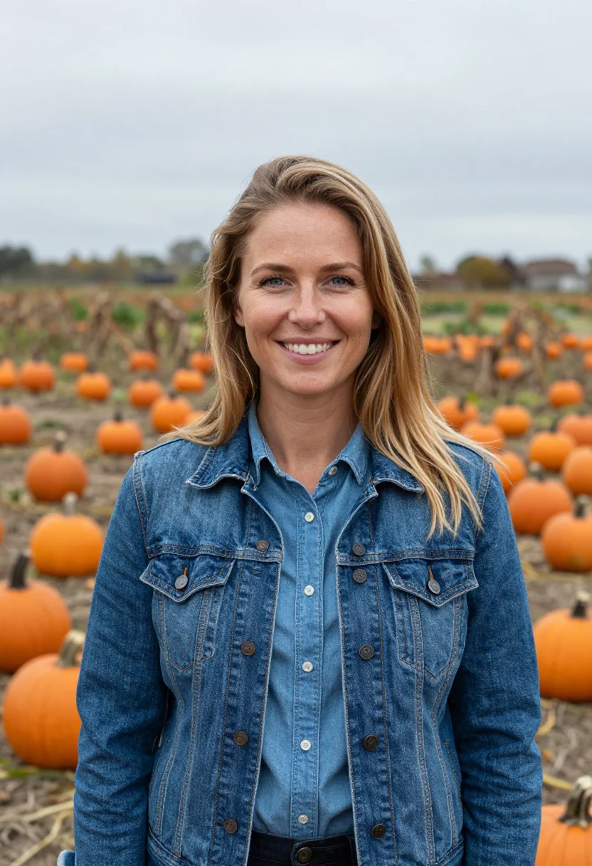 AI pumpkin patch denim orange sample — portrait of a woman, framed chest-up, the crop stopping at t