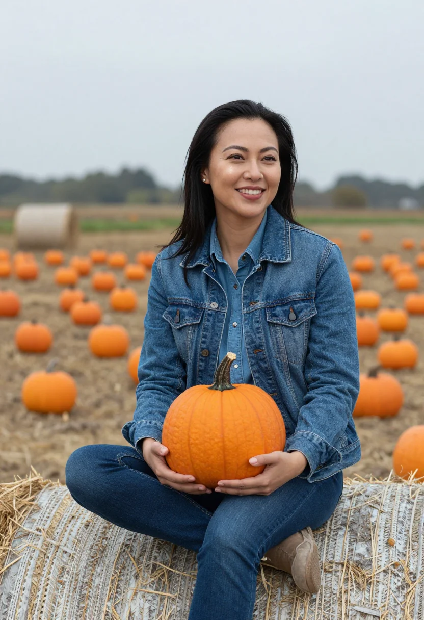 AI pumpkin patch denim orange sample — portrait of a woman, framed three-quarter length from the kn