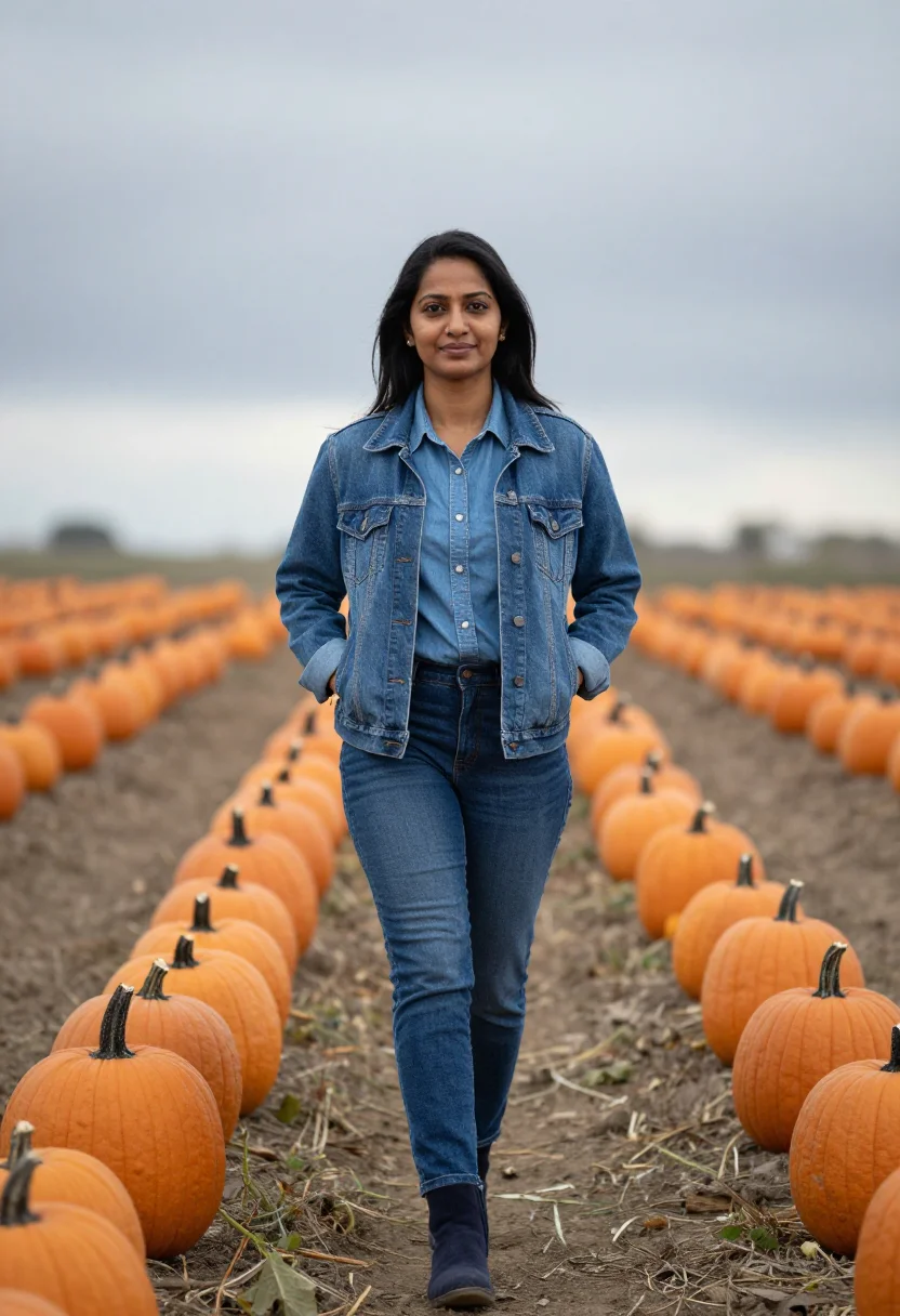 AI pumpkin patch denim orange sample — portrait of a woman, framed three-quarter length from the kn