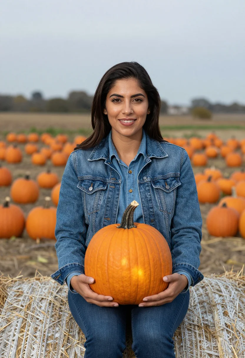 AI pumpkin patch denim orange sample — portrait of a woman, framed chest-up, the crop stopping at t