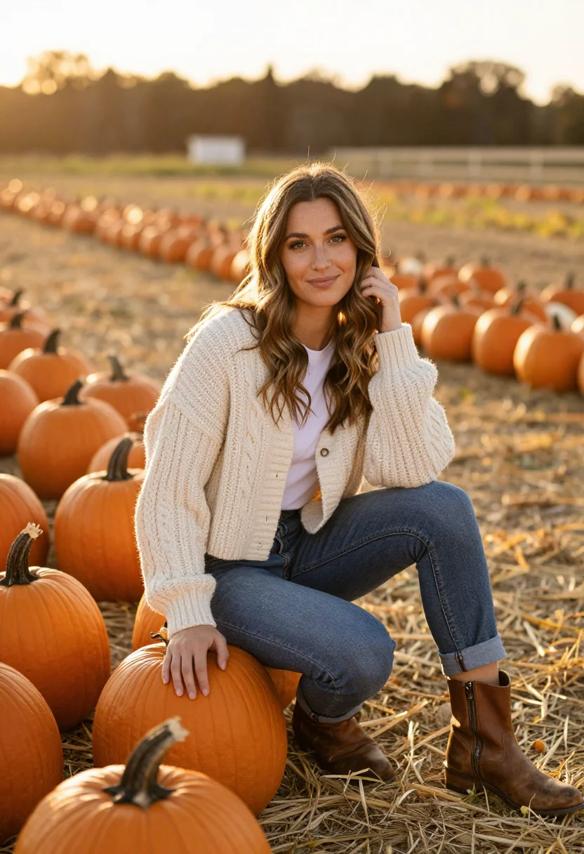 AI pumpkin patch sample — portrait of a woman, seated chest-up three-quarter portrait