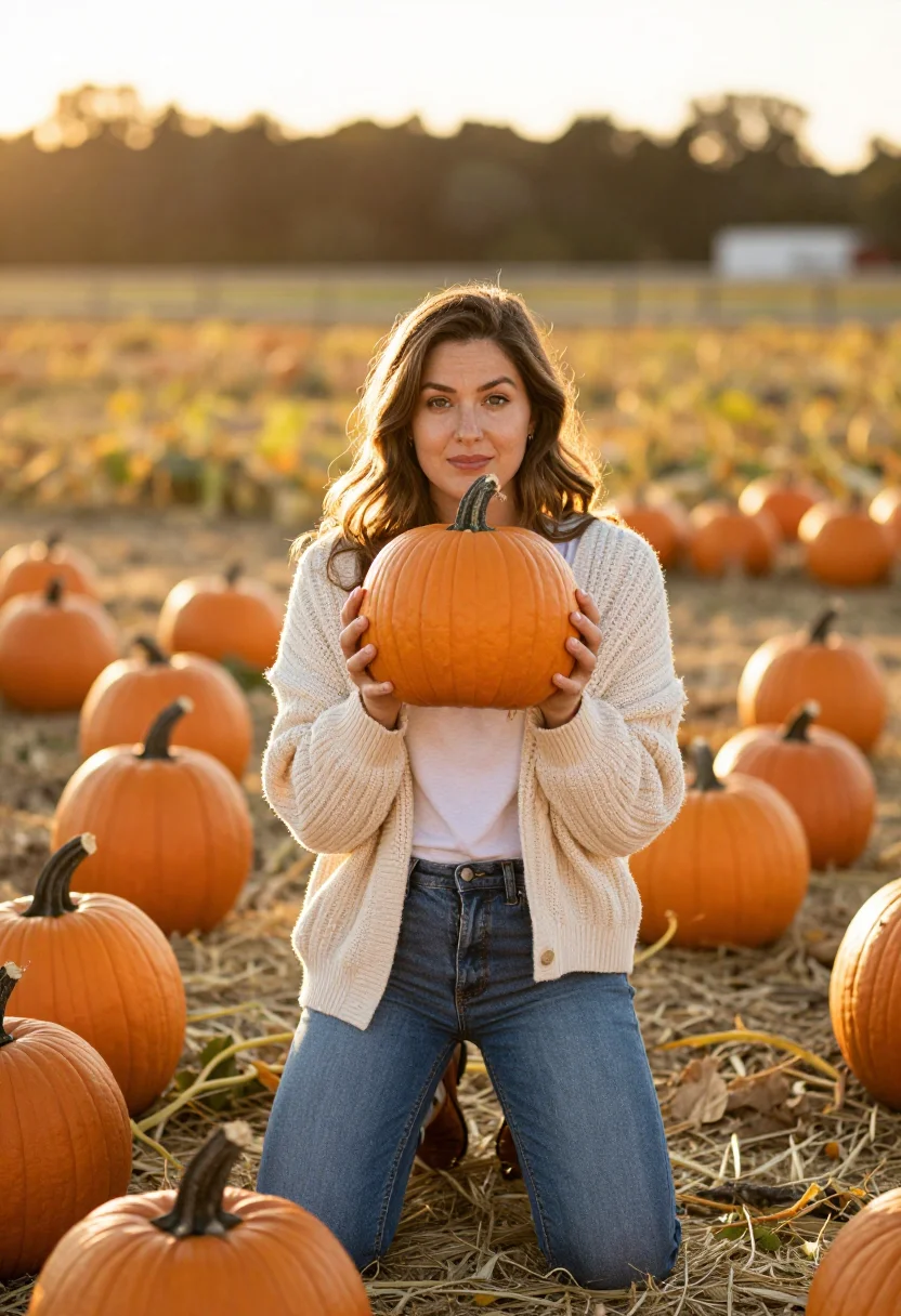AI pumpkin patch sample — portrait of a woman, chest-up portrait of a fair-skinned Ame