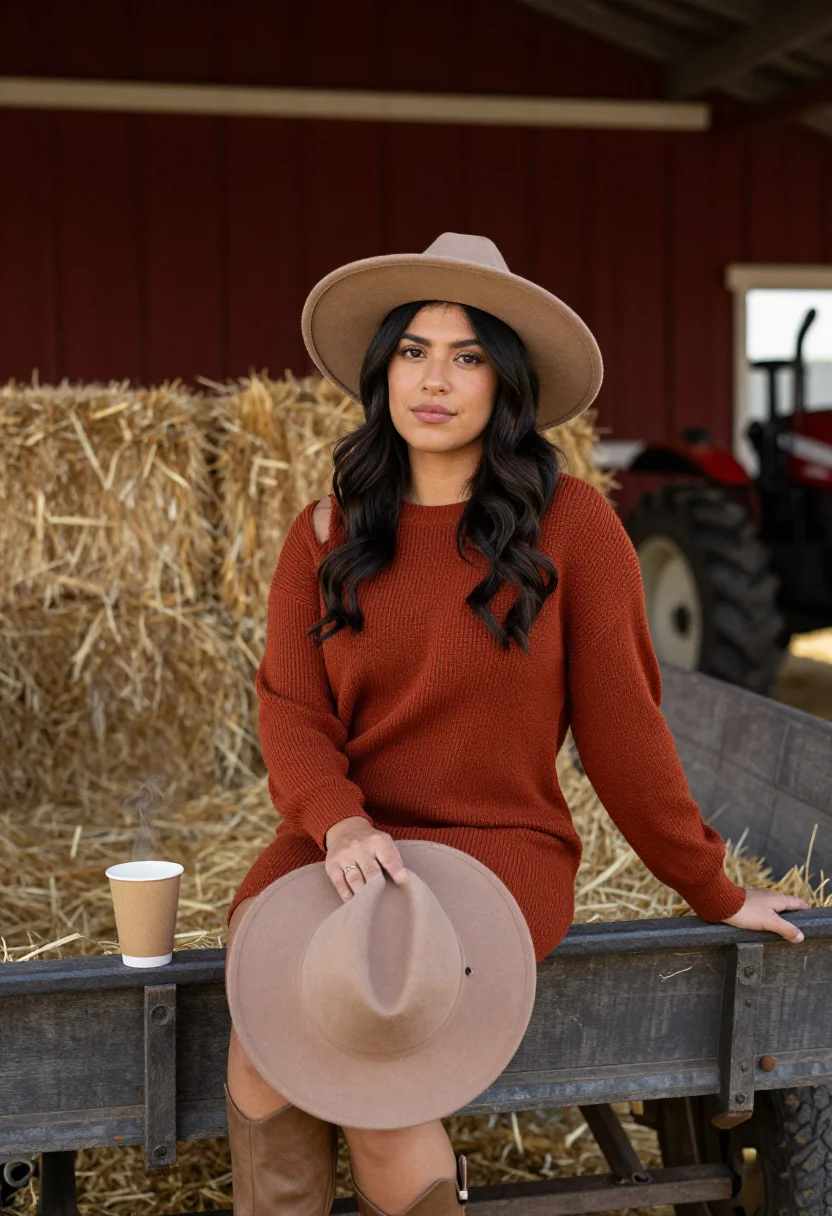 AI pumpkin patch sample — portrait of a woman, seated chest-up three-quarter portrait