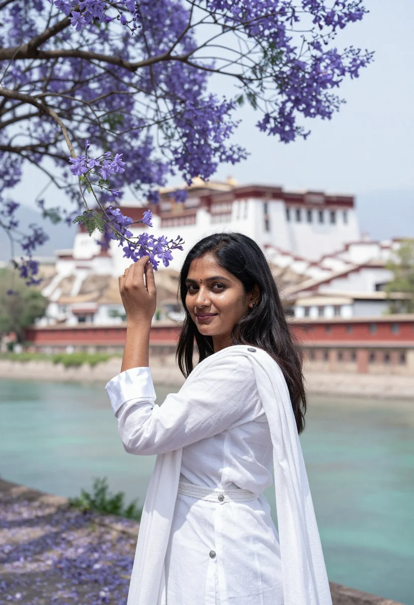 AI punakha jacaranda may violet dzong sample — portrait of a woman, an Indian traveller in her early thirti