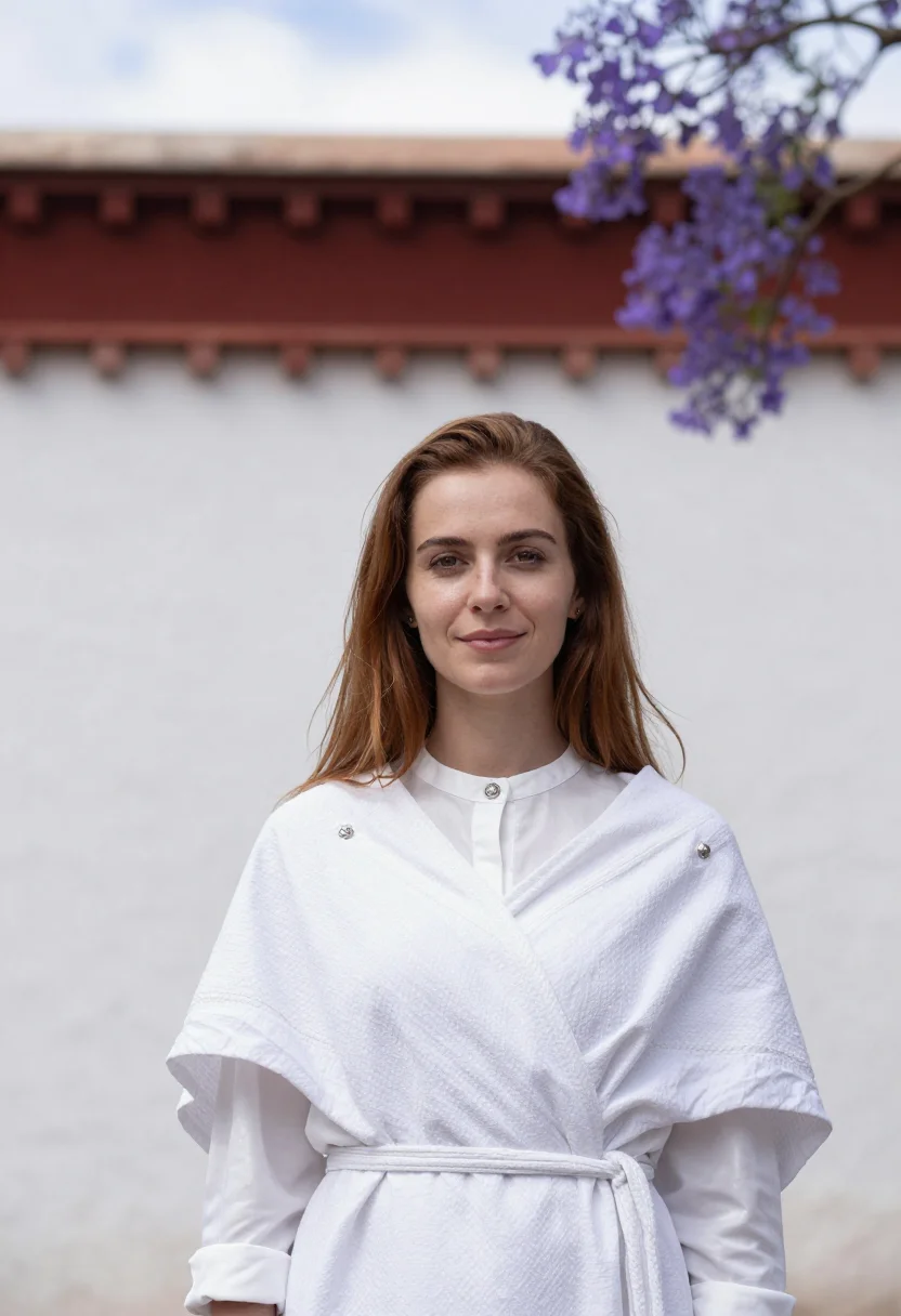AI punakha jacaranda may violet dzong sample — portrait of a woman, a French traveller in her late twenties