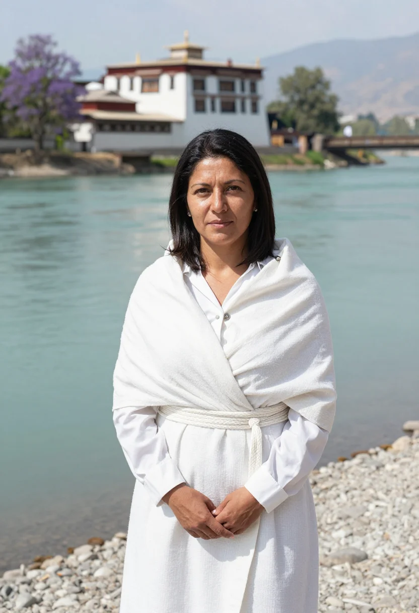 AI punakha jacaranda may violet dzong sample — portrait of a woman, a Spanish traveller in her early fortie