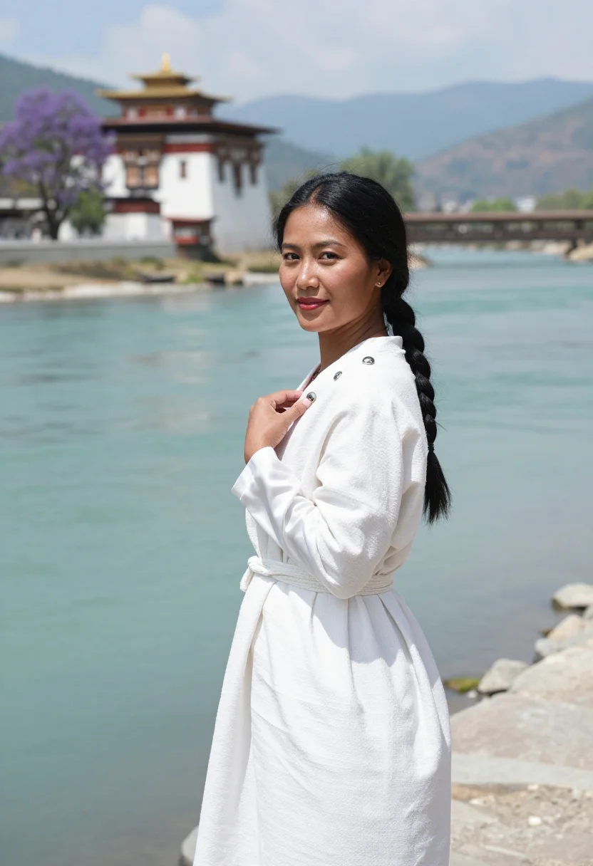AI punakha jacaranda may violet dzong sample — portrait of a woman, a Bhutanese traveller in her late twent