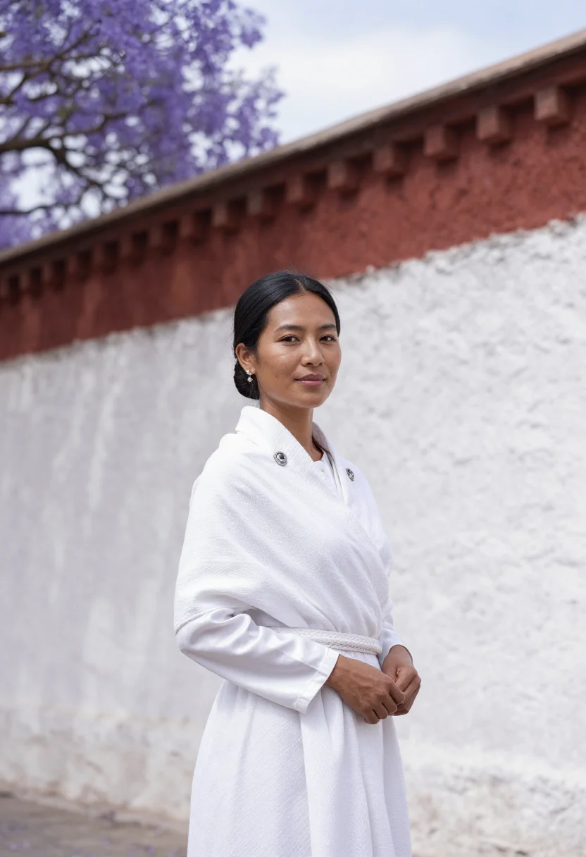 AI punakha jacaranda may violet dzong sample — portrait of a woman, a Bhutanese traveller in her early thir
