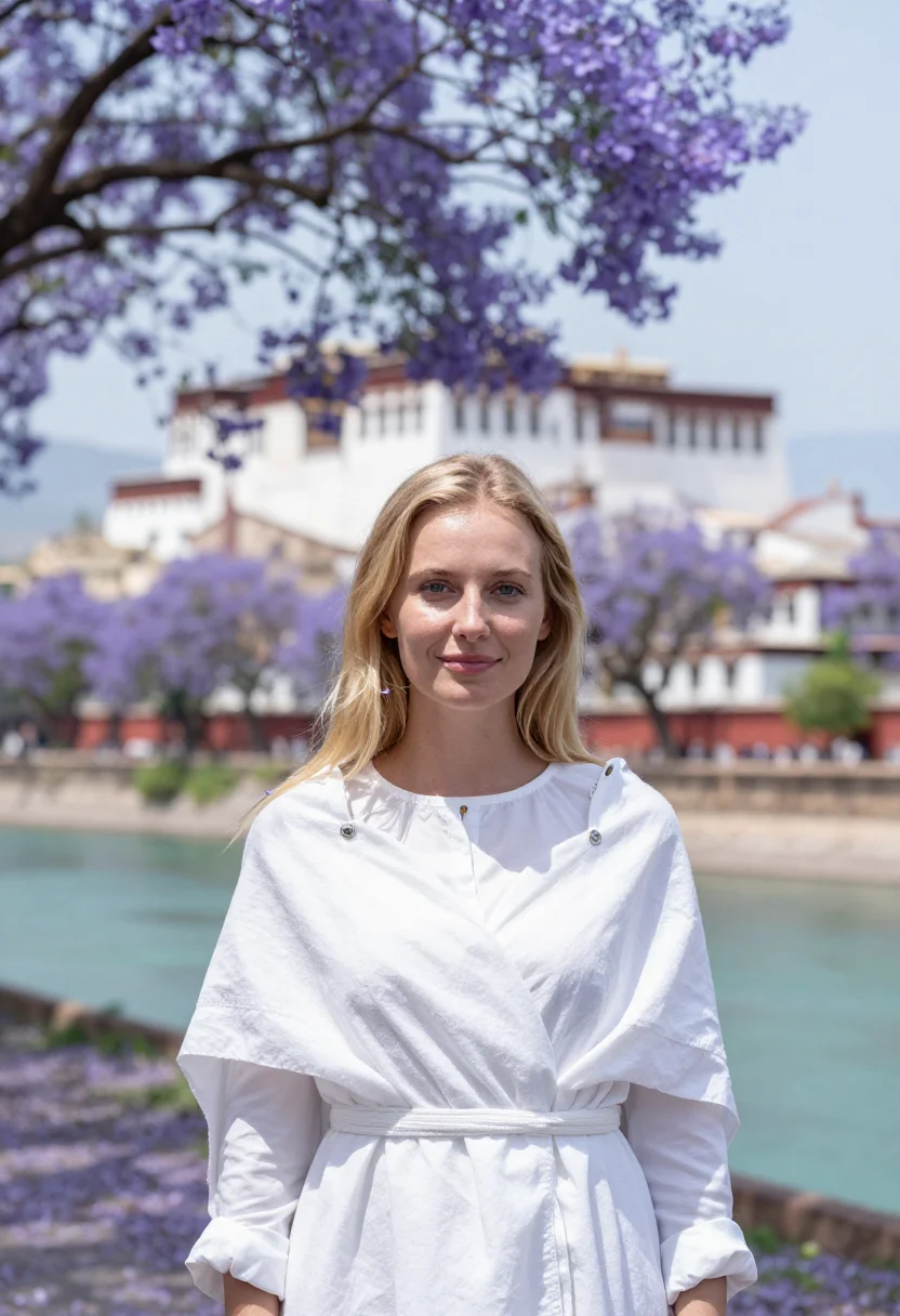 AI punakha jacaranda may violet dzong sample — portrait of a woman, a Dutch traveller in her early thirties
