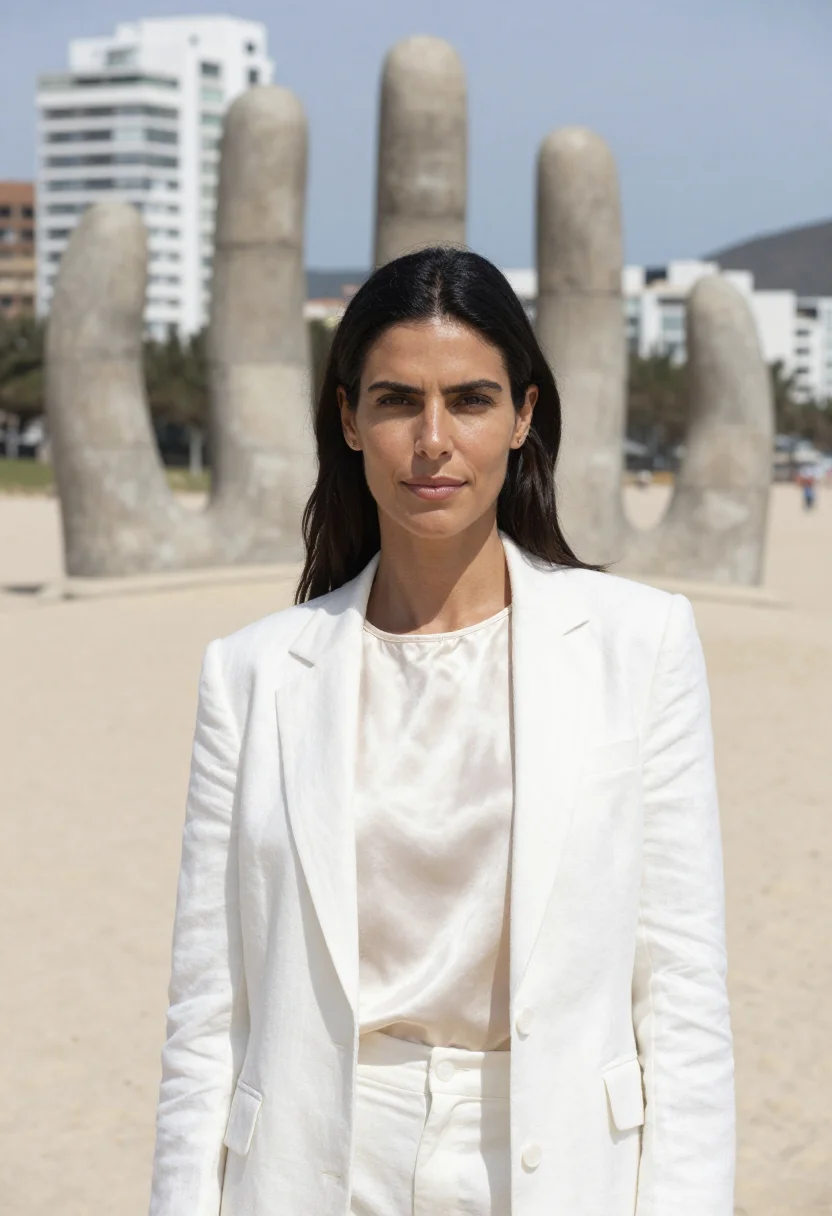 AI punta del este developer white hand sand sample — portrait of a woman, a Spanish property developer in her ear