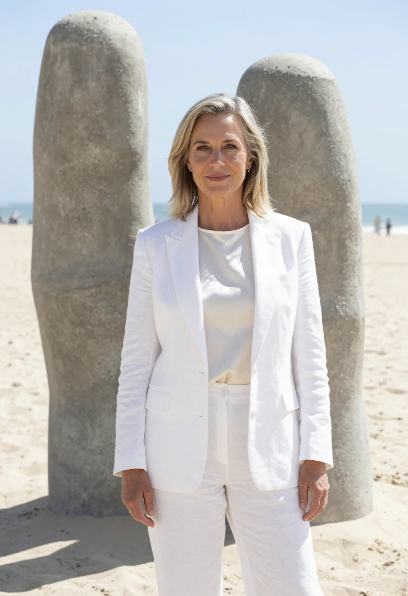 AI punta del este developer white hand sand sample — portrait of a woman, a French property developer in her late
