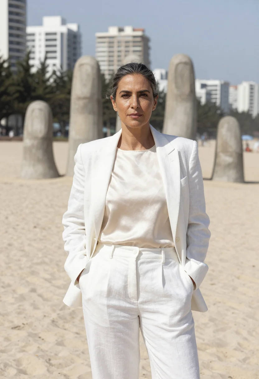 AI punta del este developer white hand sand sample — portrait of a woman, an Uruguayan property developer in her