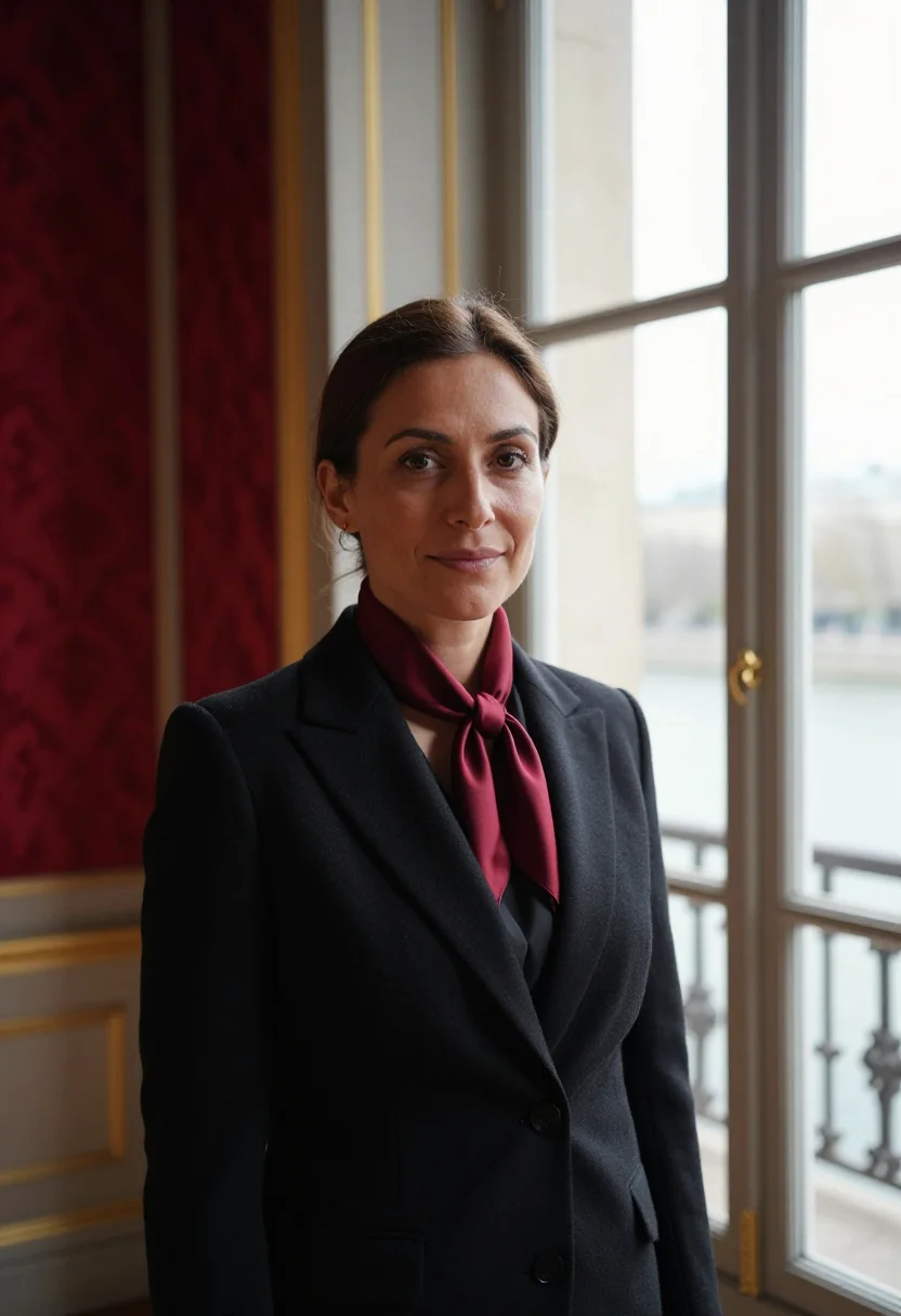 AI quai d orsay diplomat damask red sample — portrait of a woman, in her late thirties, a woman of Italia