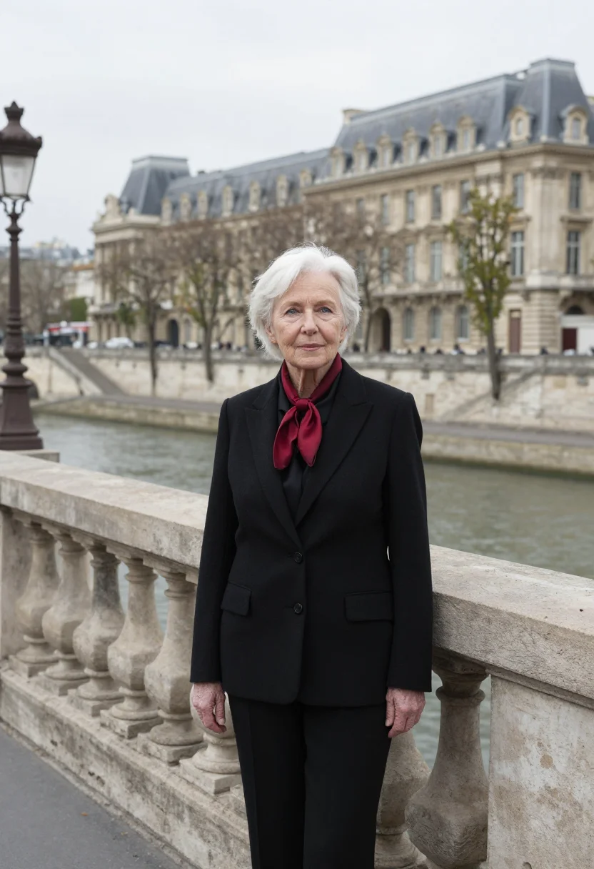 AI quai d orsay diplomat damask red sample — portrait of a woman, in her sixties, with fair skin, blue ey