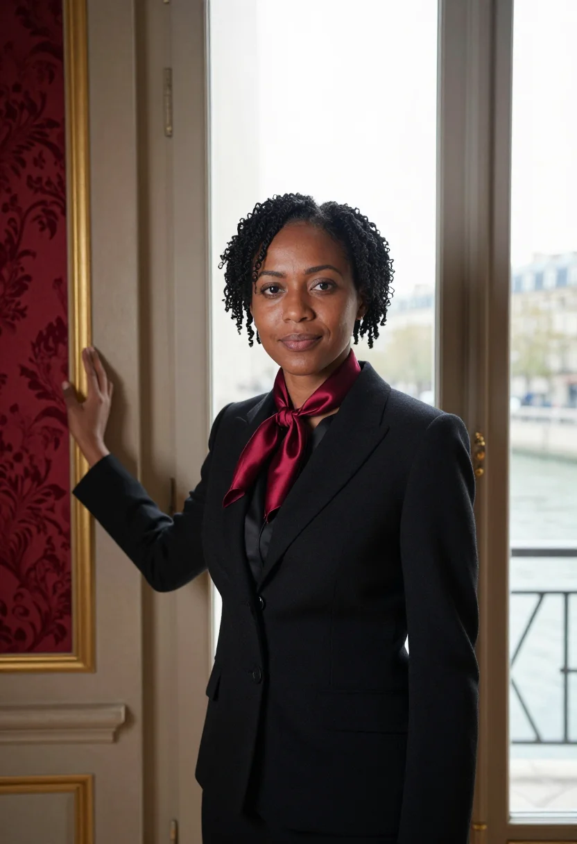 AI quai d orsay diplomat damask red sample — portrait of a woman, in her forties, with deep brown skin, d