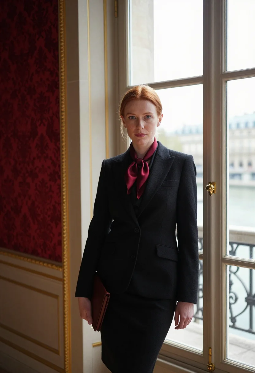 AI quai d orsay diplomat damask red sample — portrait of a woman, in her early thirties, with fair skin,