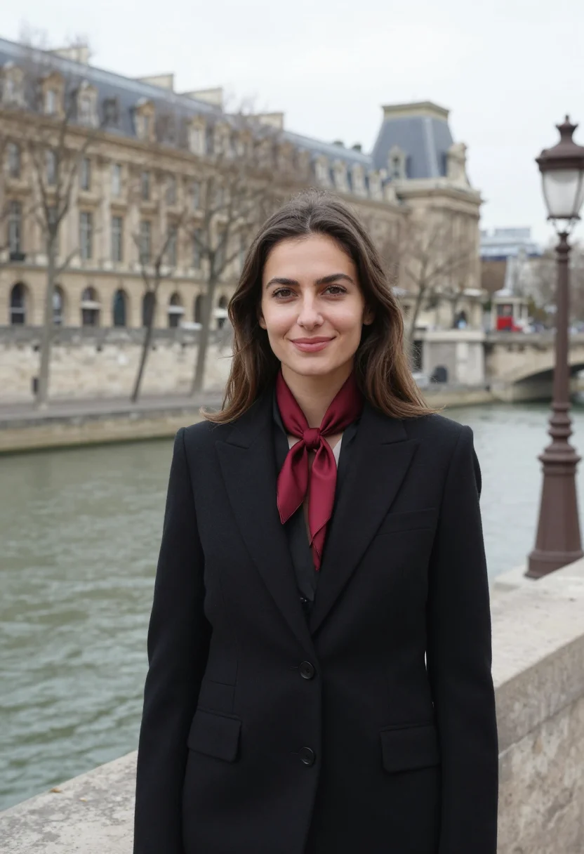 AI quai d orsay diplomat damask red sample — portrait of a woman, in her late twenties, with fair skin, h