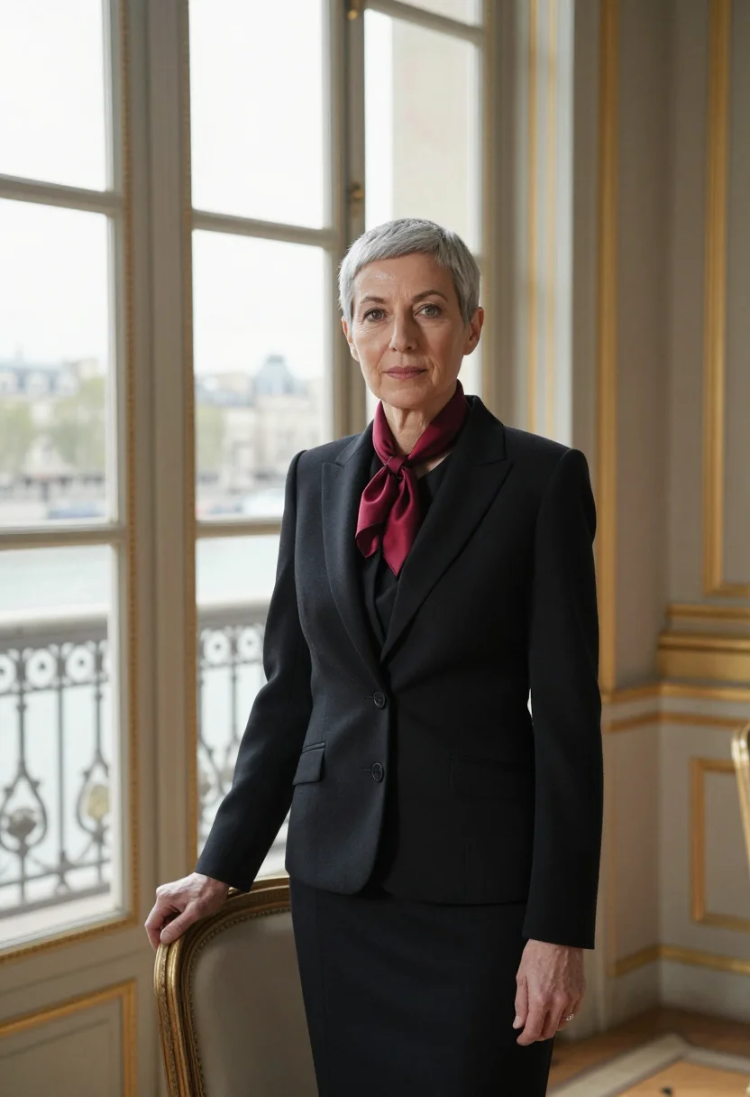 AI quai d orsay diplomat damask red sample — portrait of a woman, in her mid-fifties, with fair skin, gre