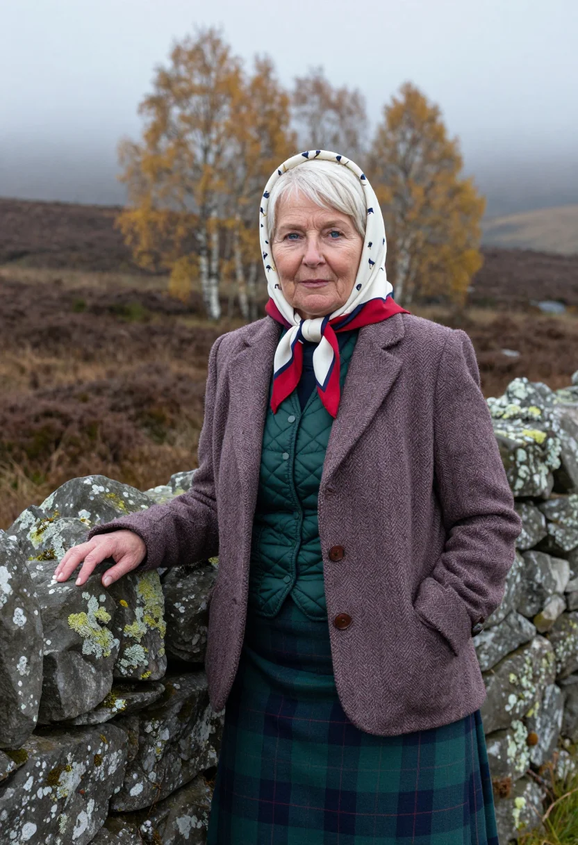 AI queen elizabeth balmoral headscarf tweed palette sample — portrait of a woman, a Norwegian woman in her late fifties w
