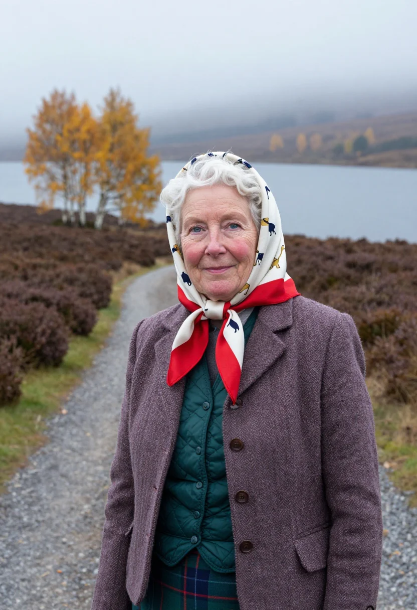 AI queen elizabeth balmoral headscarf tweed palette sample — portrait of a woman, an English woman in her mid-sixties wit