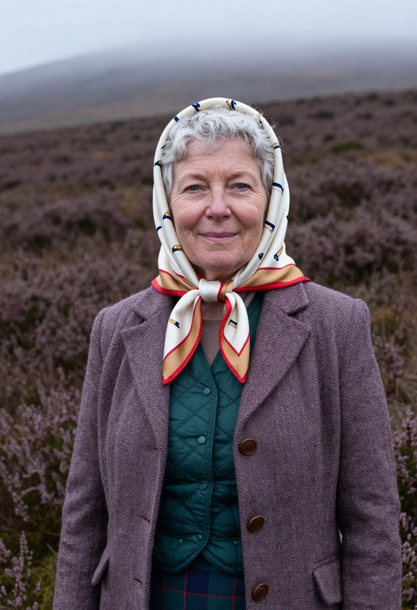 AI queen elizabeth balmoral headscarf tweed palette sample — portrait of a woman, an English woman in her early sixties w
