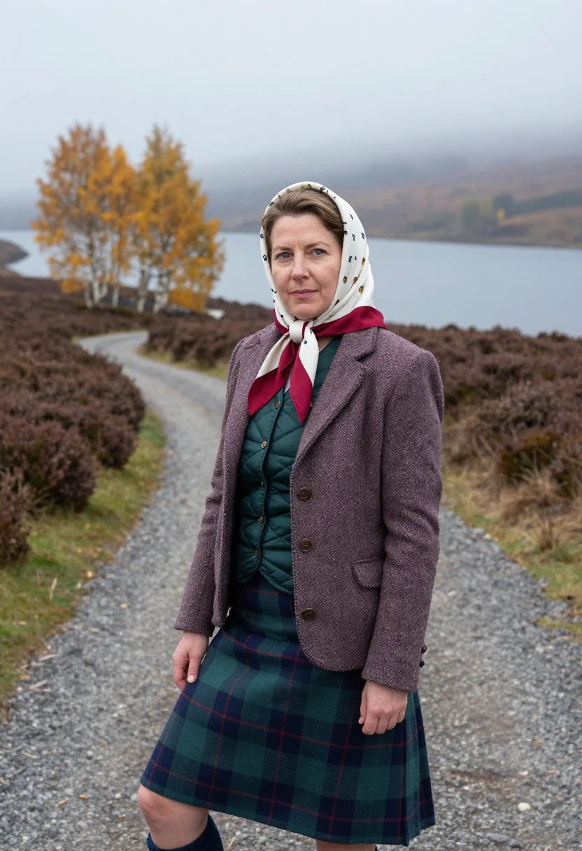 AI queen elizabeth balmoral headscarf tweed palette sample — portrait of a woman, a Scottish woman in her mid-forties wit