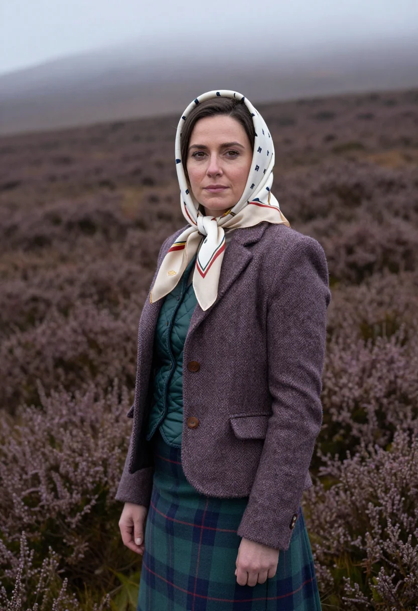 AI queen elizabeth balmoral headscarf tweed palette sample — portrait of a woman, a Welsh woman in her mid-thirties with
