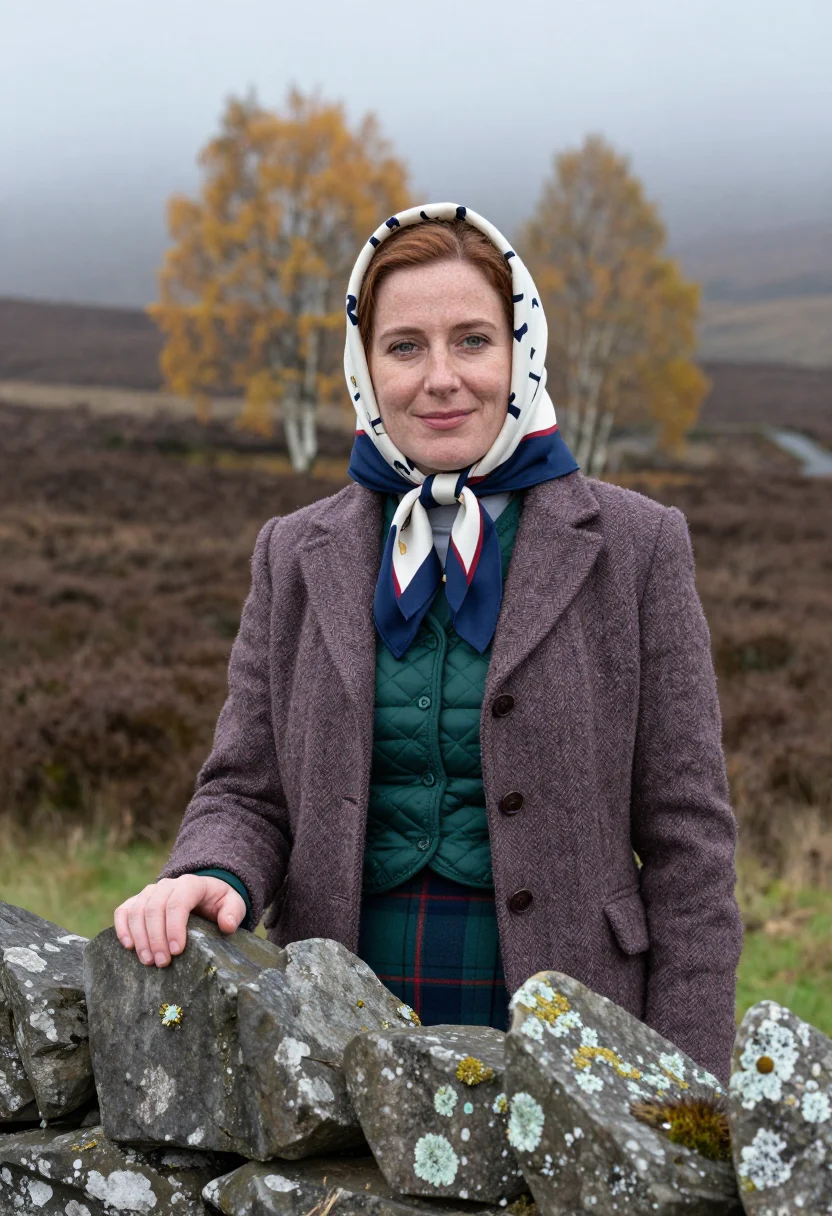 AI queen elizabeth balmoral headscarf tweed palette sample — portrait of a woman, an Irish woman in her early forties wit