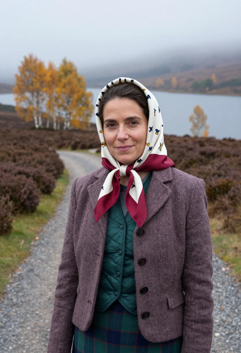 AI queen elizabeth balmoral headscarf tweed palette sample — portrait of a woman, a French woman in her late thirties wit