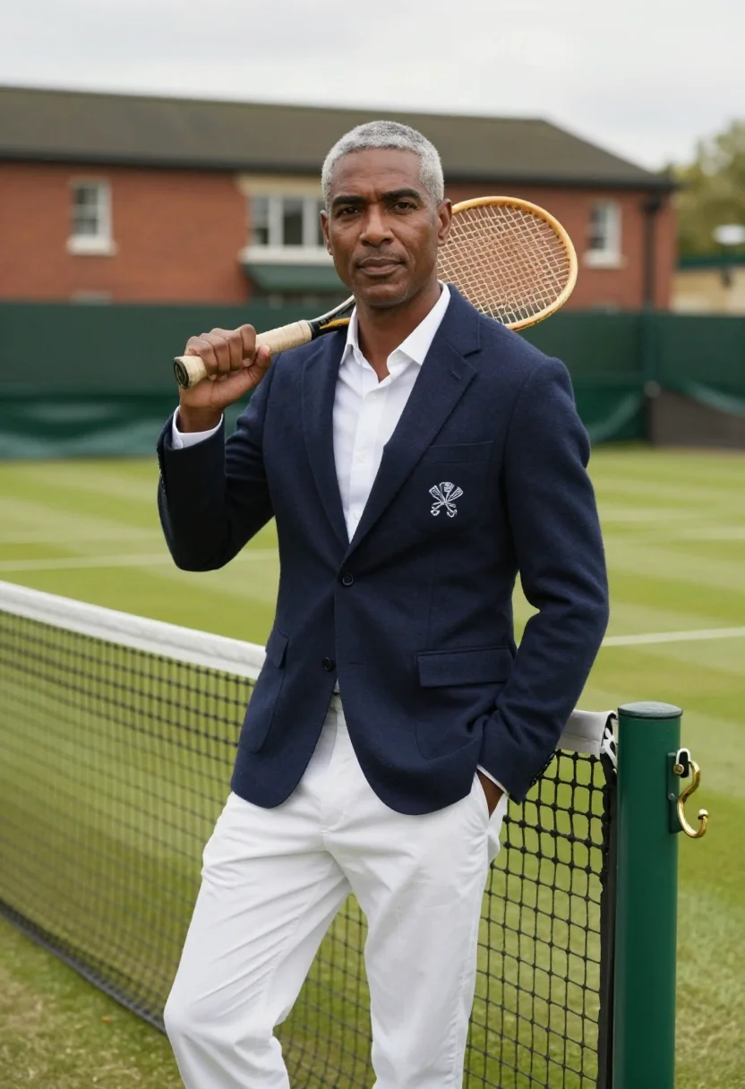 AI queens club london grass blazer navy sample — portrait of a man, a club member in his forties with deep br