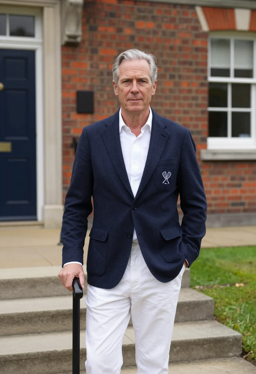 AI queens club london grass blazer navy sample — portrait of a man, a club member in his fifties with fair sk