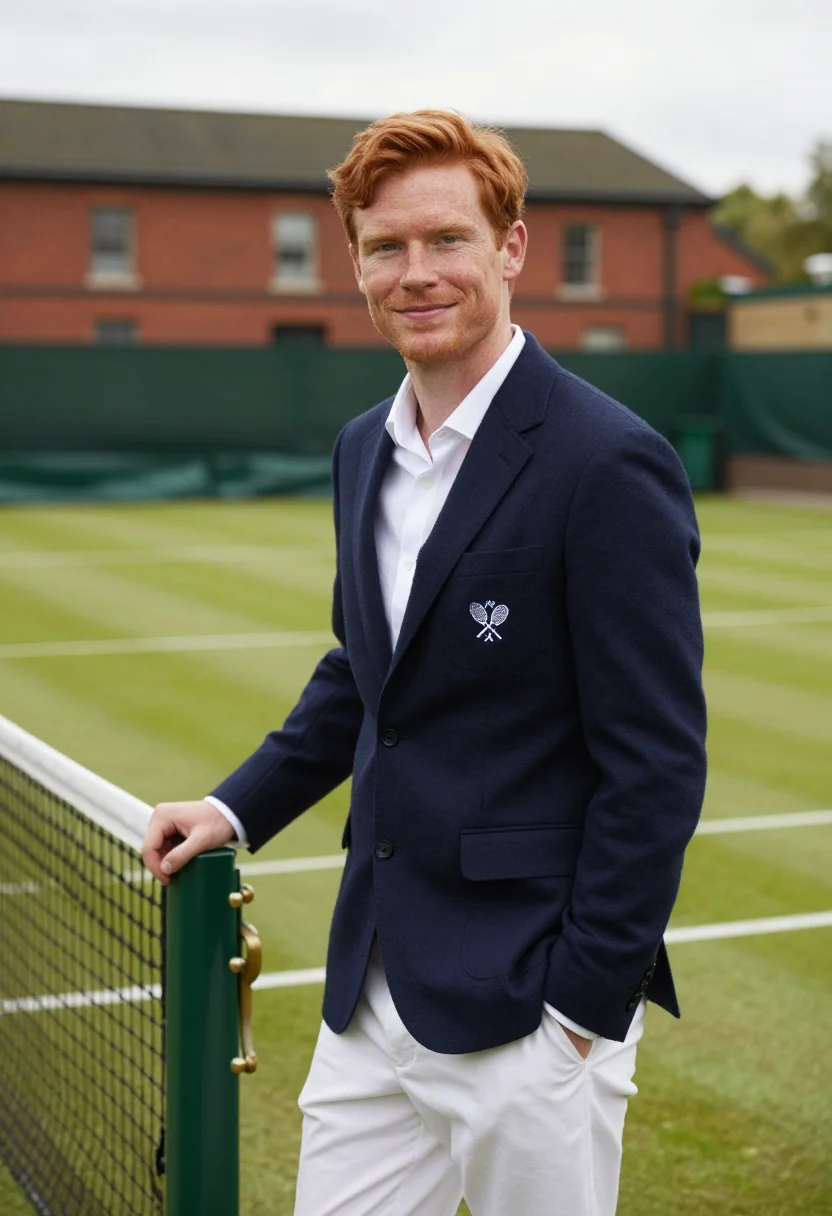 AI queens club london grass blazer navy sample — portrait of a man, a club member in his early thirties with