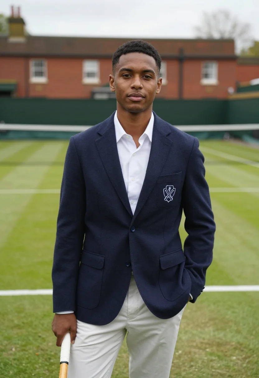 AI queens club london grass blazer navy sample — portrait of a man, a club member in his late twenties with w