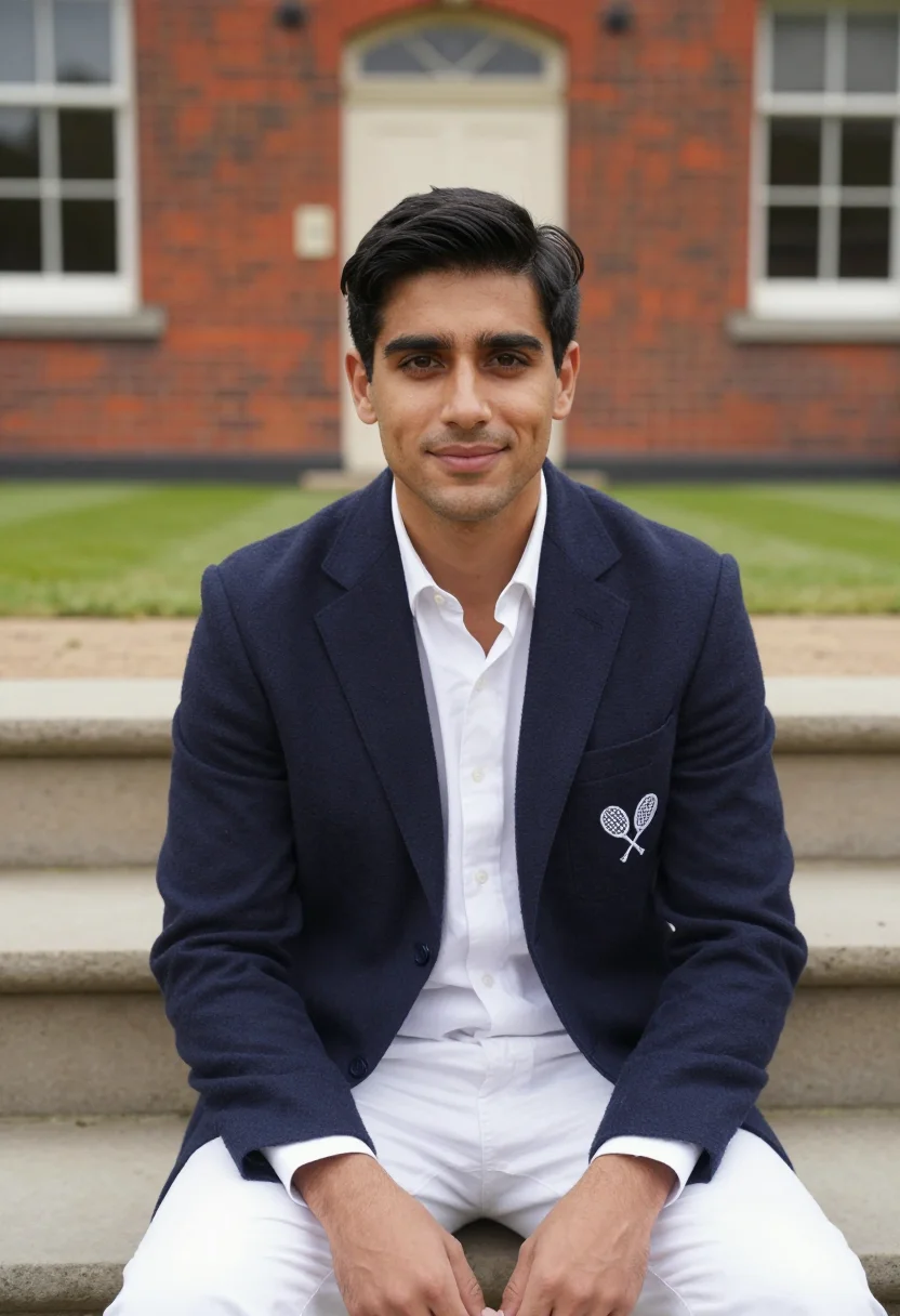 AI queens club london grass blazer navy sample — portrait of a man, a club member in his late thirties with g