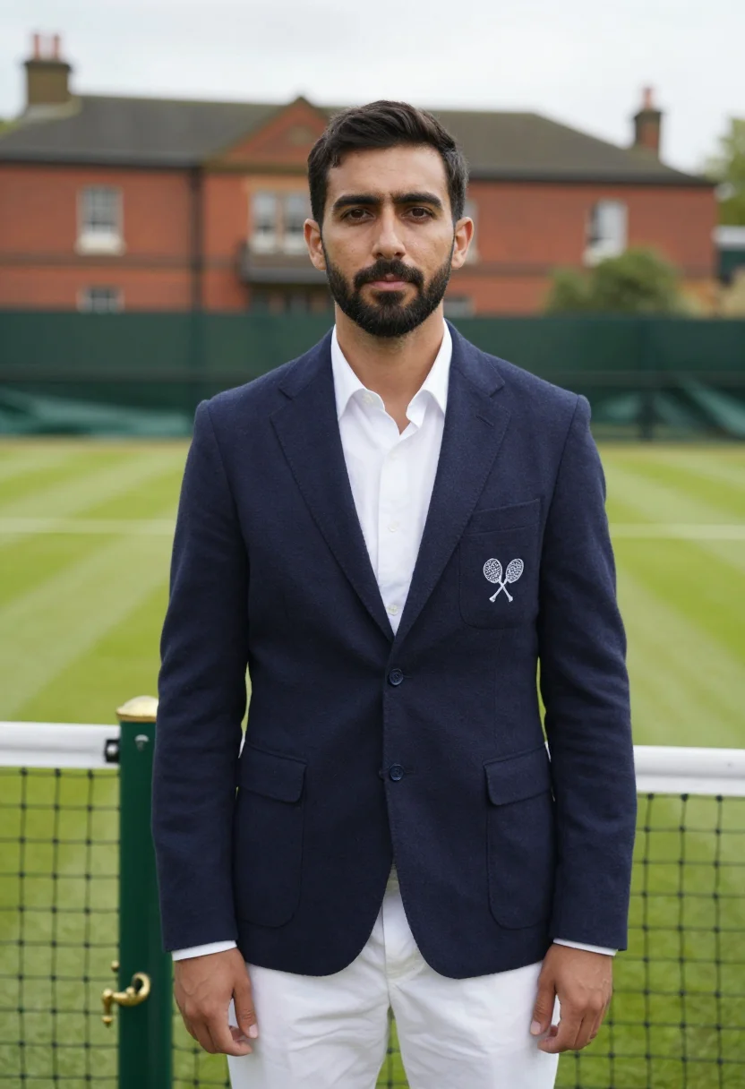 AI queens club london grass blazer navy sample — portrait of a man, a club member in his thirties with olive