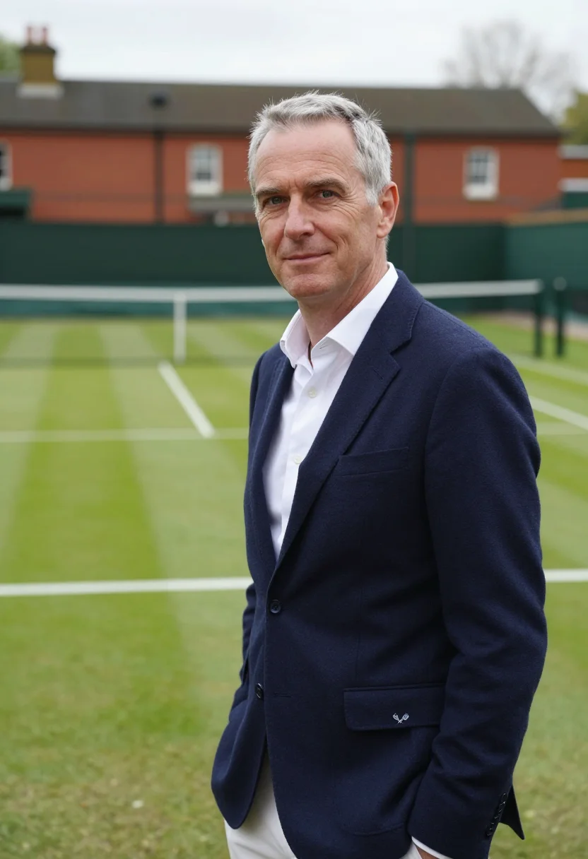 AI queens club london grass blazer navy sample — portrait of a man, a club member in his late forties with fa
