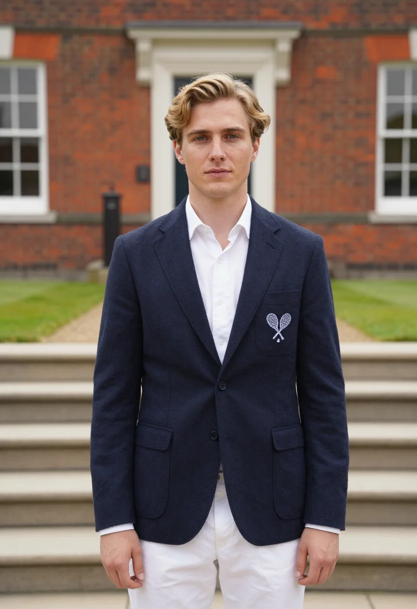 AI queens club london grass blazer navy sample — portrait of a man, a club member in his late twenties with f