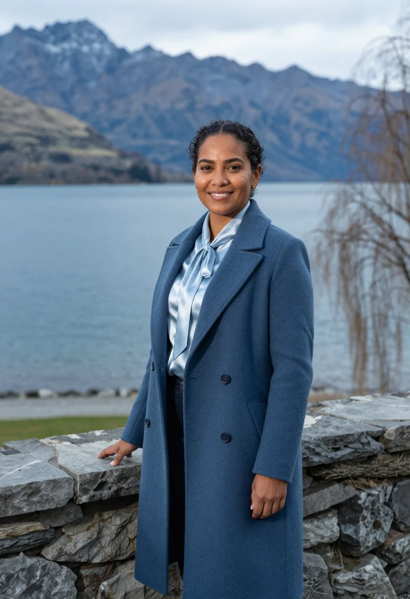 AI queenstown hotelier lake steel blue sample — portrait of a woman, a hotelier in her early thirties of Fij