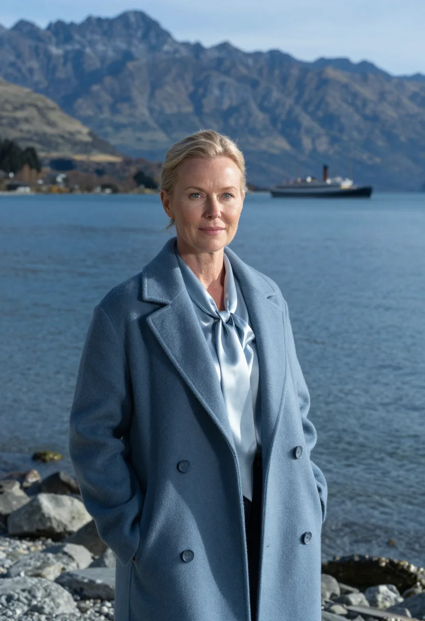 AI queenstown hotelier lake steel blue sample — portrait of a woman, a hotelier in her late forties of Danis