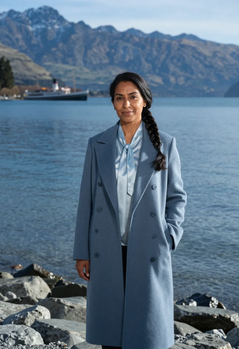 AI queenstown hotelier lake steel blue sample — portrait of a woman, a hotelier in her forties of Indian des