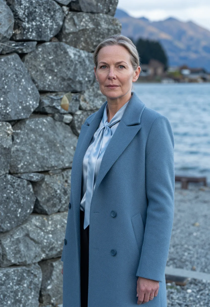 AI queenstown hotelier lake steel blue sample — portrait of a woman, a hotelier in her early forties of Engl