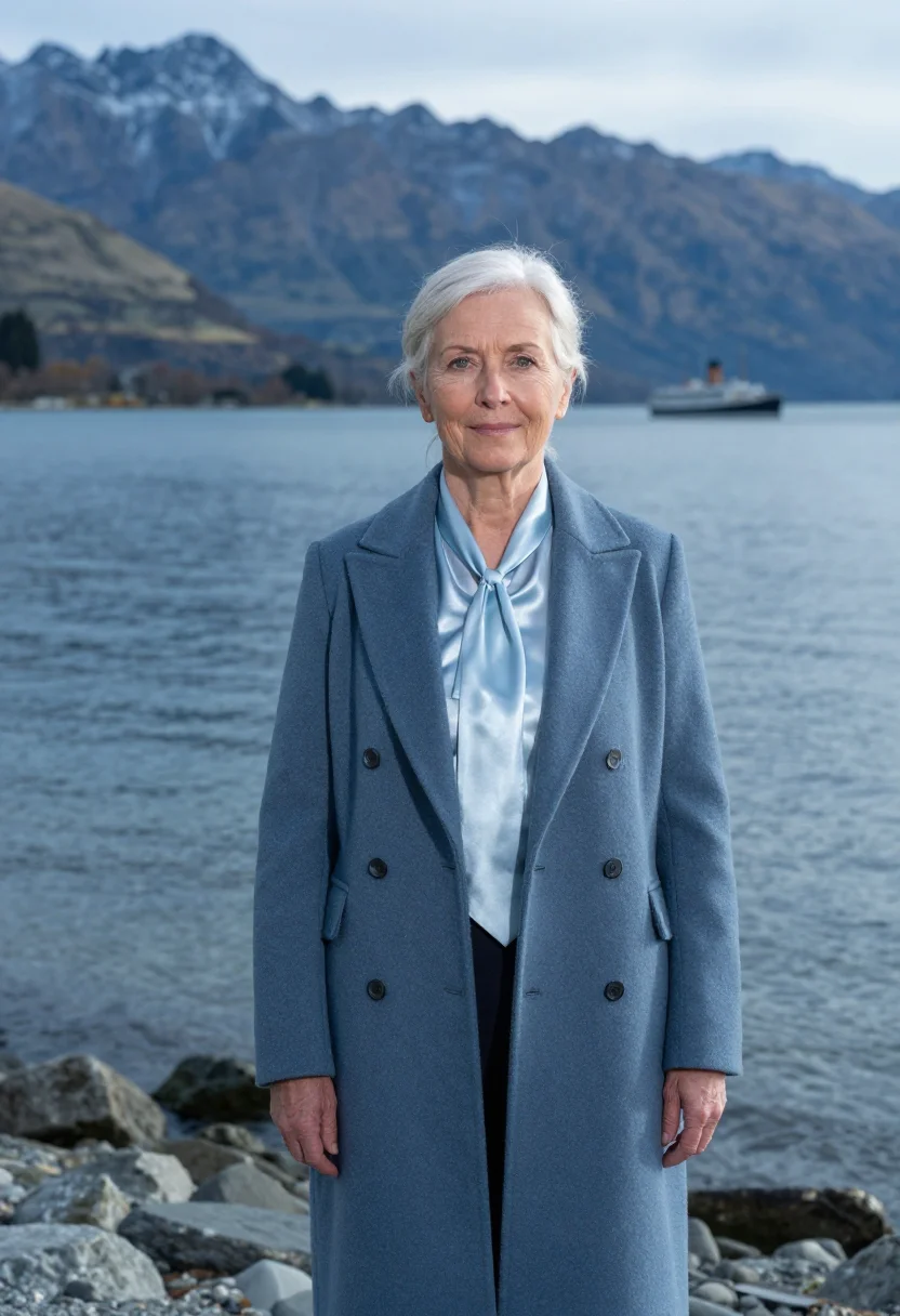 AI queenstown hotelier lake steel blue sample — portrait of a woman, a hotelier in her sixties of Irish desc