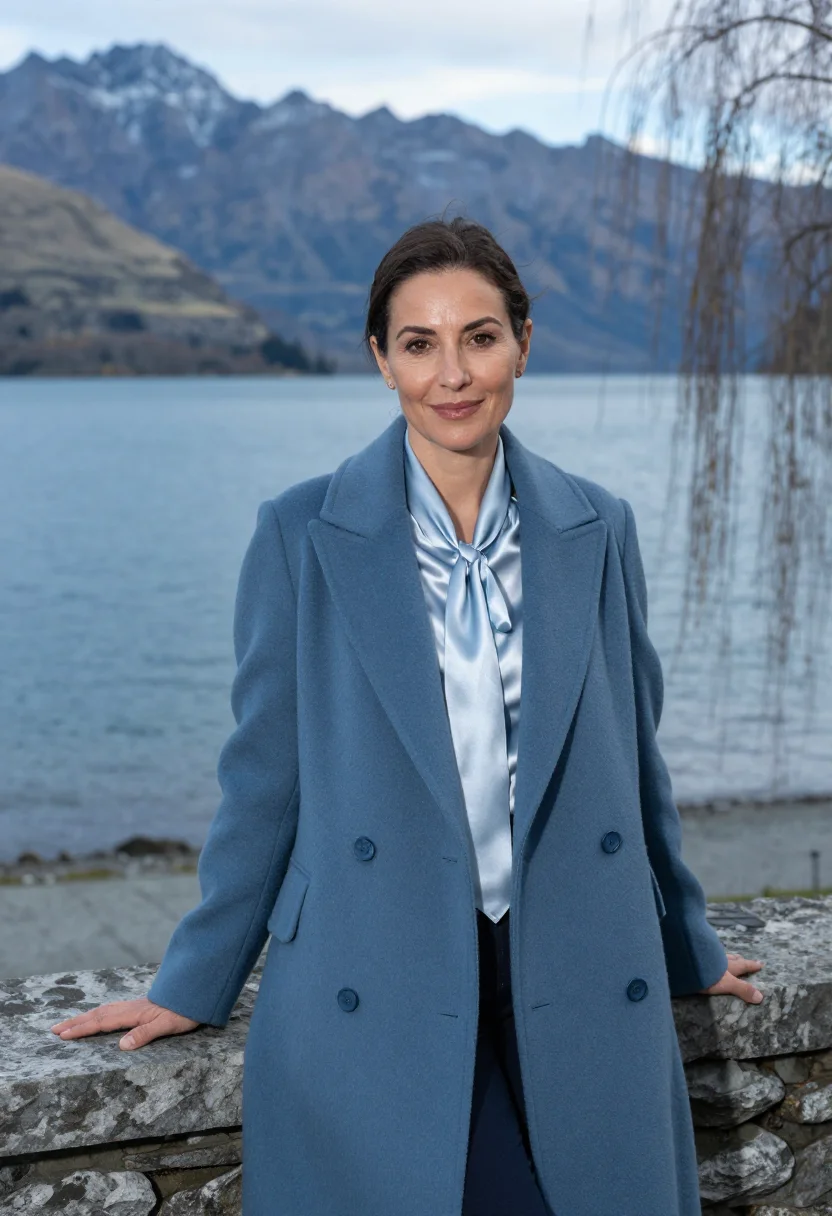 AI queenstown hotelier lake steel blue sample — portrait of a woman, a hotelier in her forties of French des