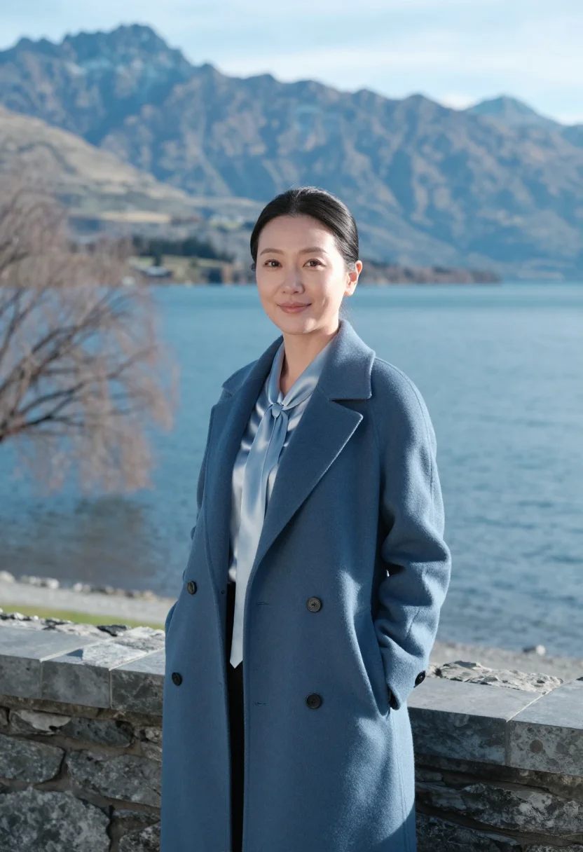 AI queenstown hotelier lake steel blue sample — portrait of a woman, a hotelier in her thirties of Japanese