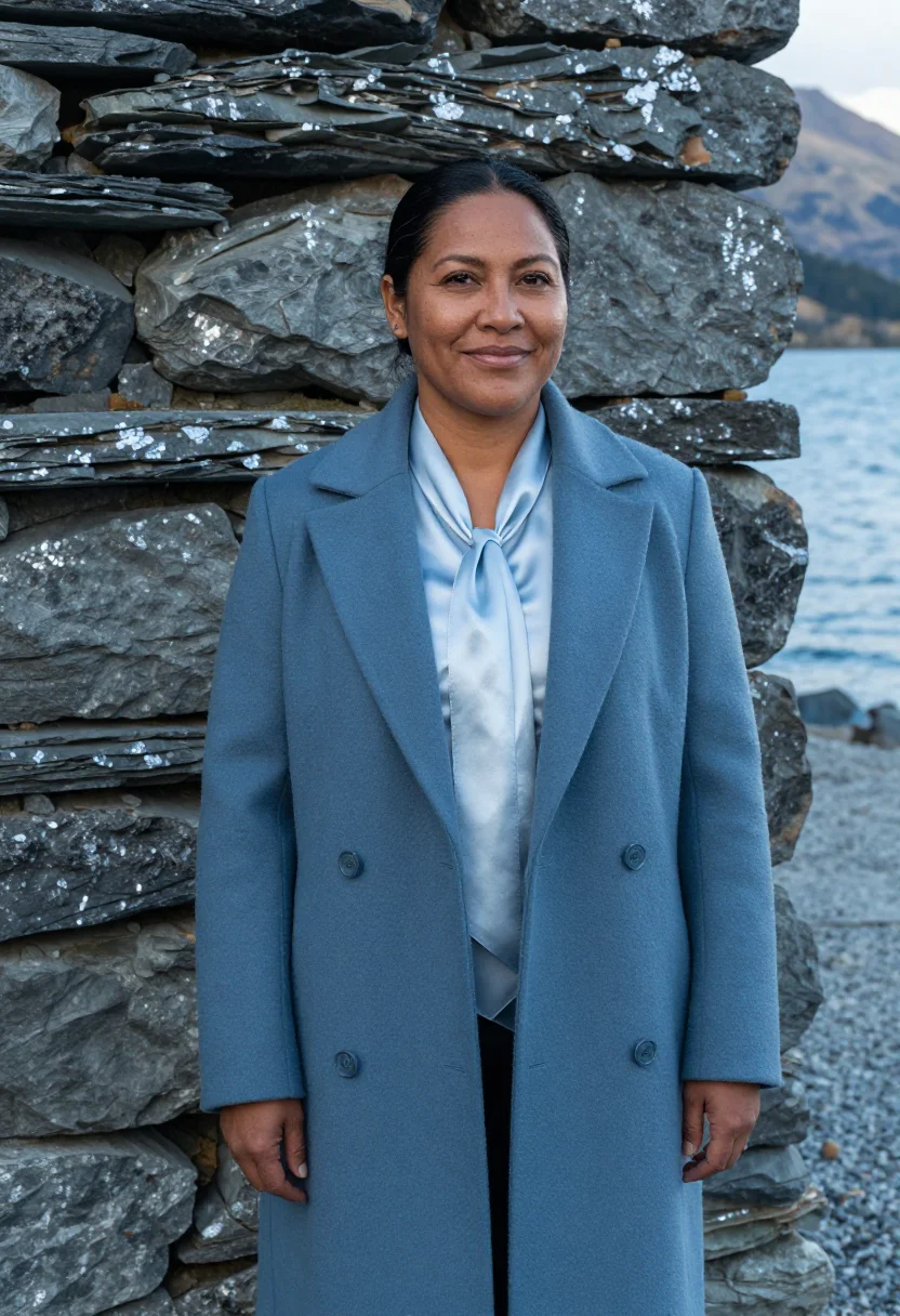 AI queenstown hotelier lake steel blue sample — portrait of a woman, a hotelier in her late thirties of Maor