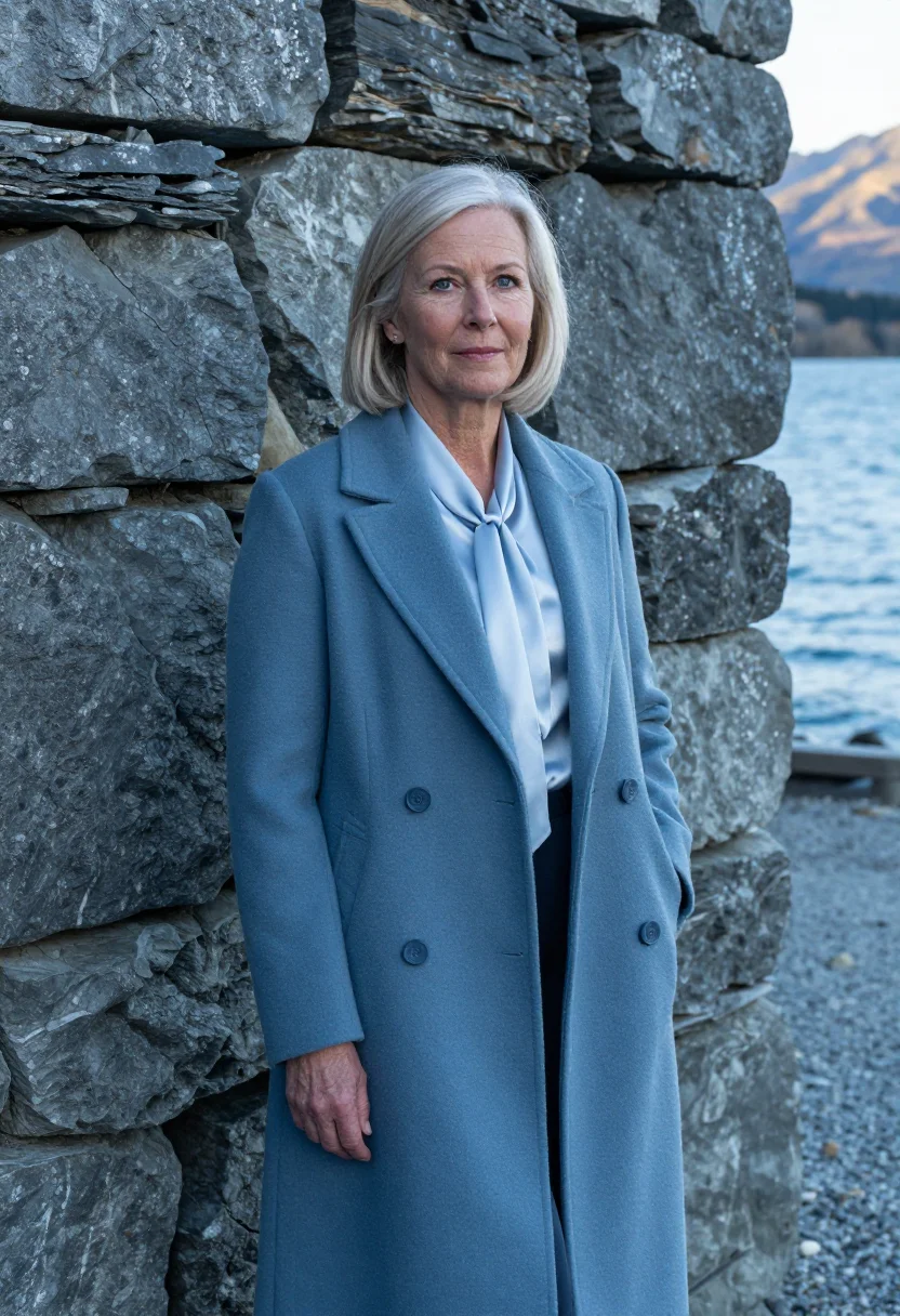 AI queenstown hotelier lake steel blue sample — portrait of a woman, a hotelier in her fifties of Scottish d