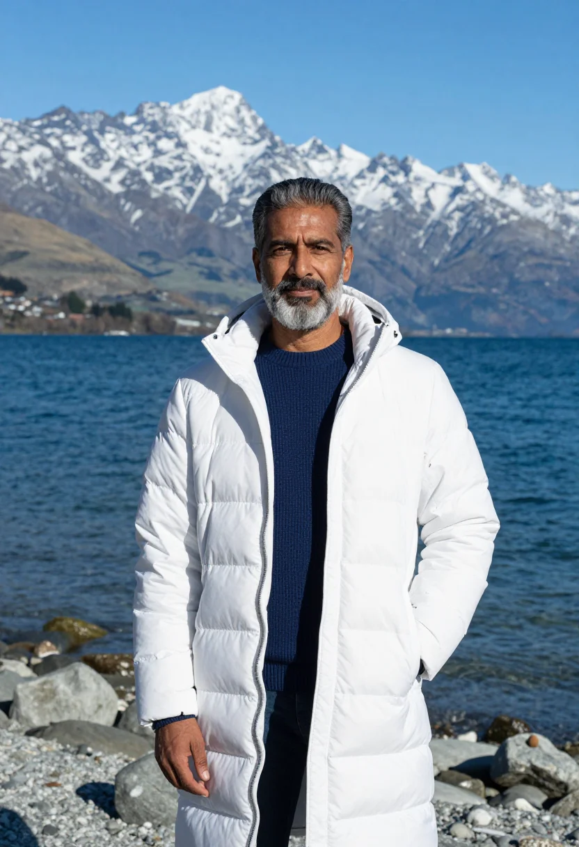 AI queenstown sports physician snow white blue sample — portrait of a man, a sports physician in his fifties of Indi