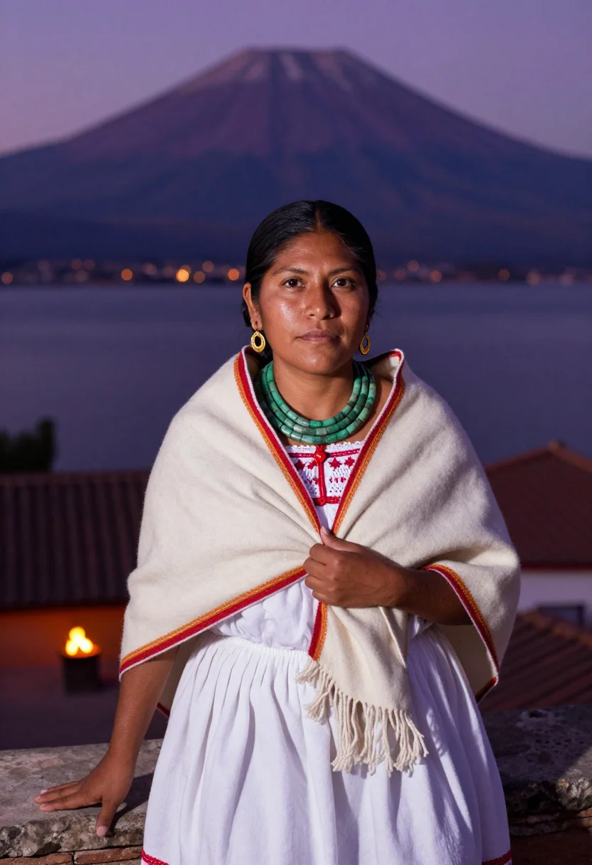 AI quetzal huipil sample — portrait of a woman, chest-up portrait of a Nahua woman with