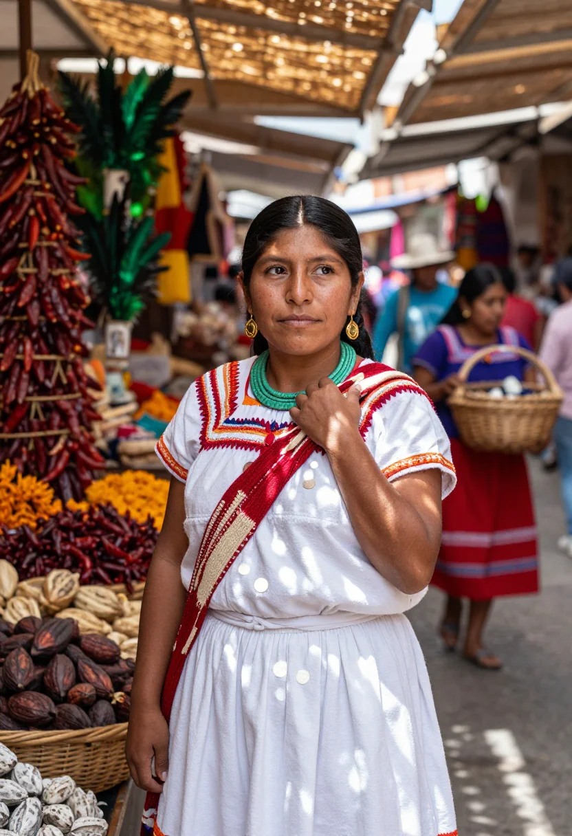 AI quetzal huipil sample — portrait of a woman, chest-up portrait of a Nahua woman with